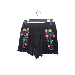 Umgee Black Embroidered Floral Shorts Boho Chic Festival Feminine Size Small